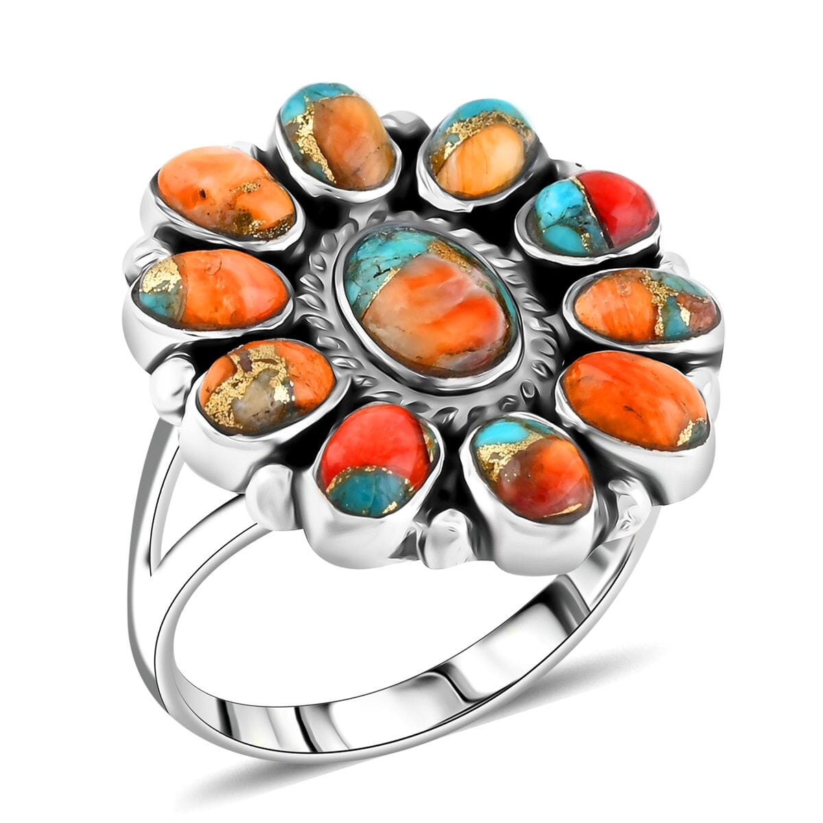 Santa Fe Style Spiny Turquoise Flower Ring in Sterling Silver (Size 6.0) 1.30 ctw image number 0