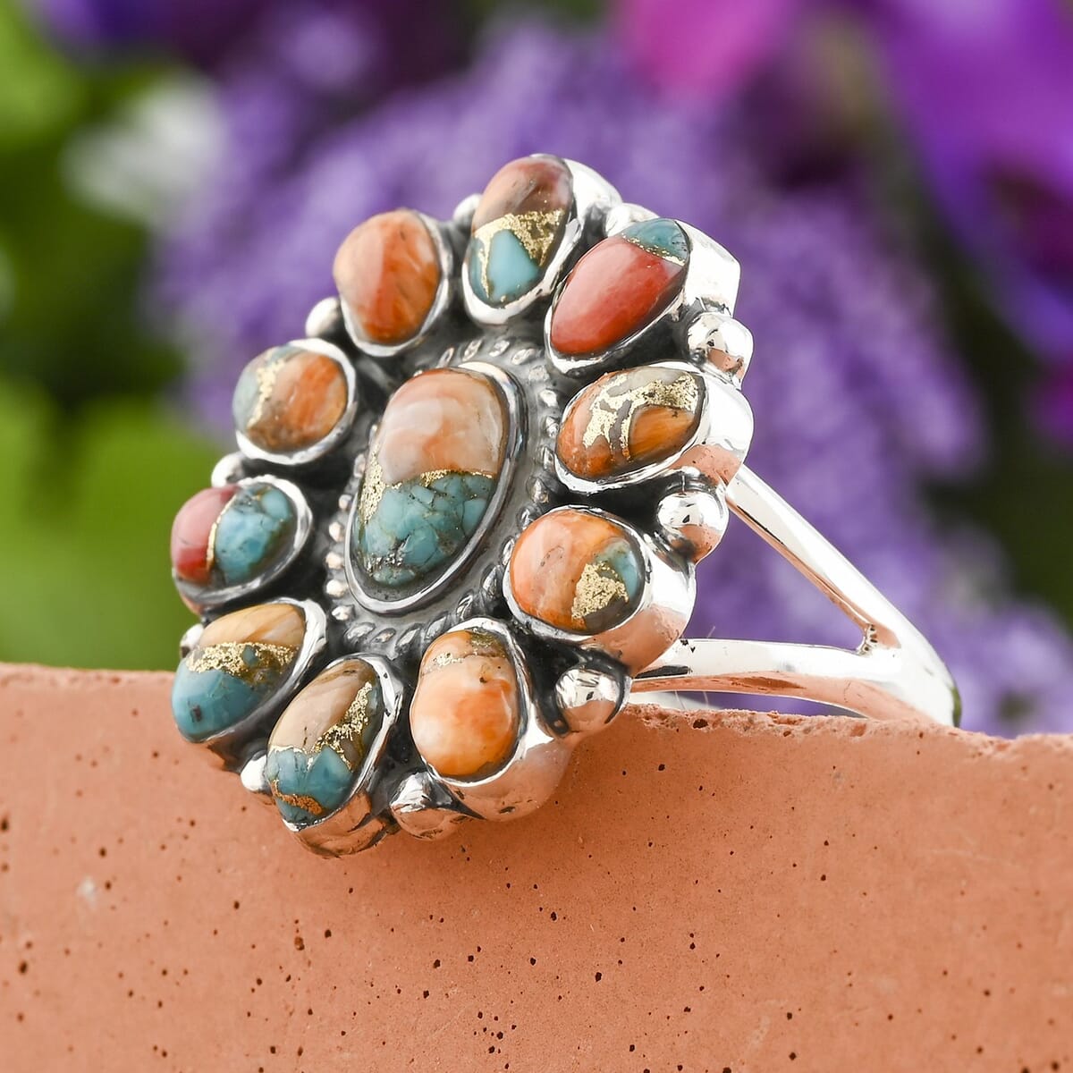 Santa Fe Style Spiny Turquoise Flower Ring in Sterling Silver (Size 6.0) 1.30 ctw image number 1