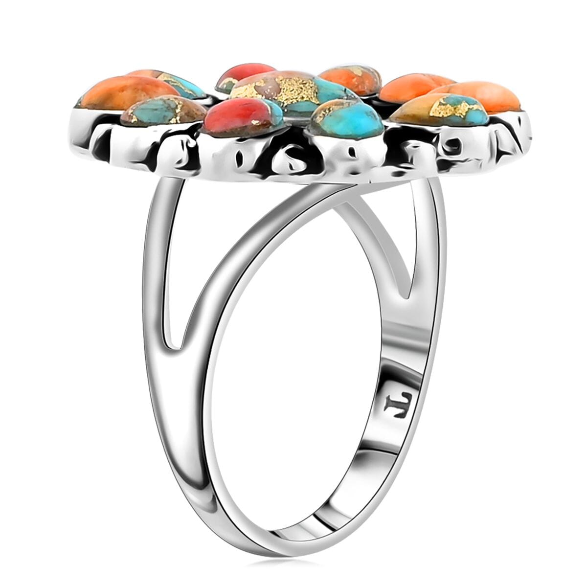 Santa Fe Style Spiny Turquoise Flower Ring in Sterling Silver (Size 6.0) 1.30 ctw image number 3