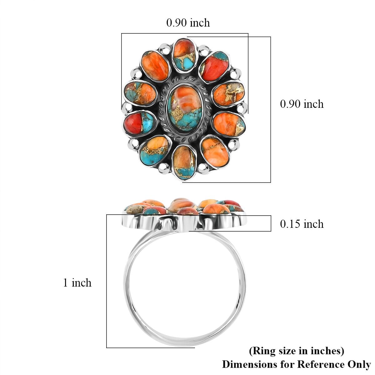 Santa Fe Style Spiny Turquoise Flower Ring in Sterling Silver (Size 6.0) 1.30 ctw image number 4