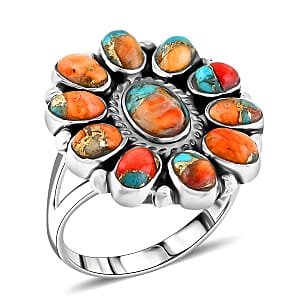 Santa Fe Style Spiny Turquoise Flower Ring in Sterling Silver (Size 7.0) 1.30 ctw
