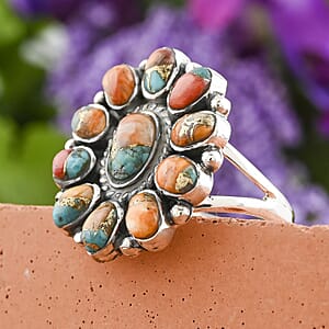 Santa Fe Style Spiny Turquoise Flower Ring in Sterling Silver (Size 7.0) 1.30 ctw