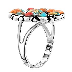 Santa Fe Style Spiny Turquoise Flower Ring in Sterling Silver (Size 7.0) 1.30 ctw