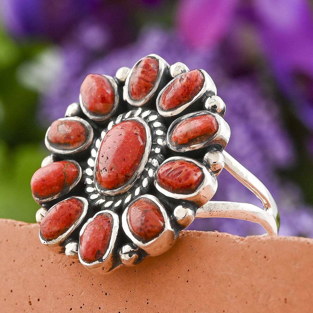 Santa Fe Style Enhanced Red Coral Flower Ring in Sterling Silver (Size 7.0) 2.75 ctw image number 1