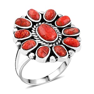 Santa Fe Style Enhanced Red Coral Flower Ring in Sterling Silver (Size 9.0)