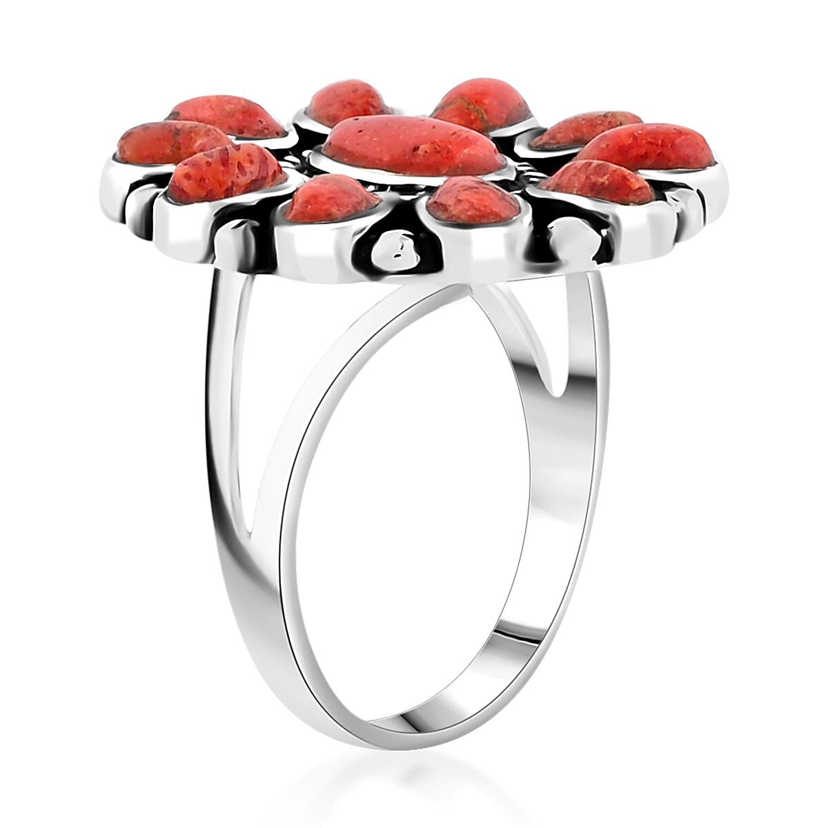 Santa Fe Style Enhanced Red Coral Flower Ring in Sterling Silver (Size 9.0) image number 3