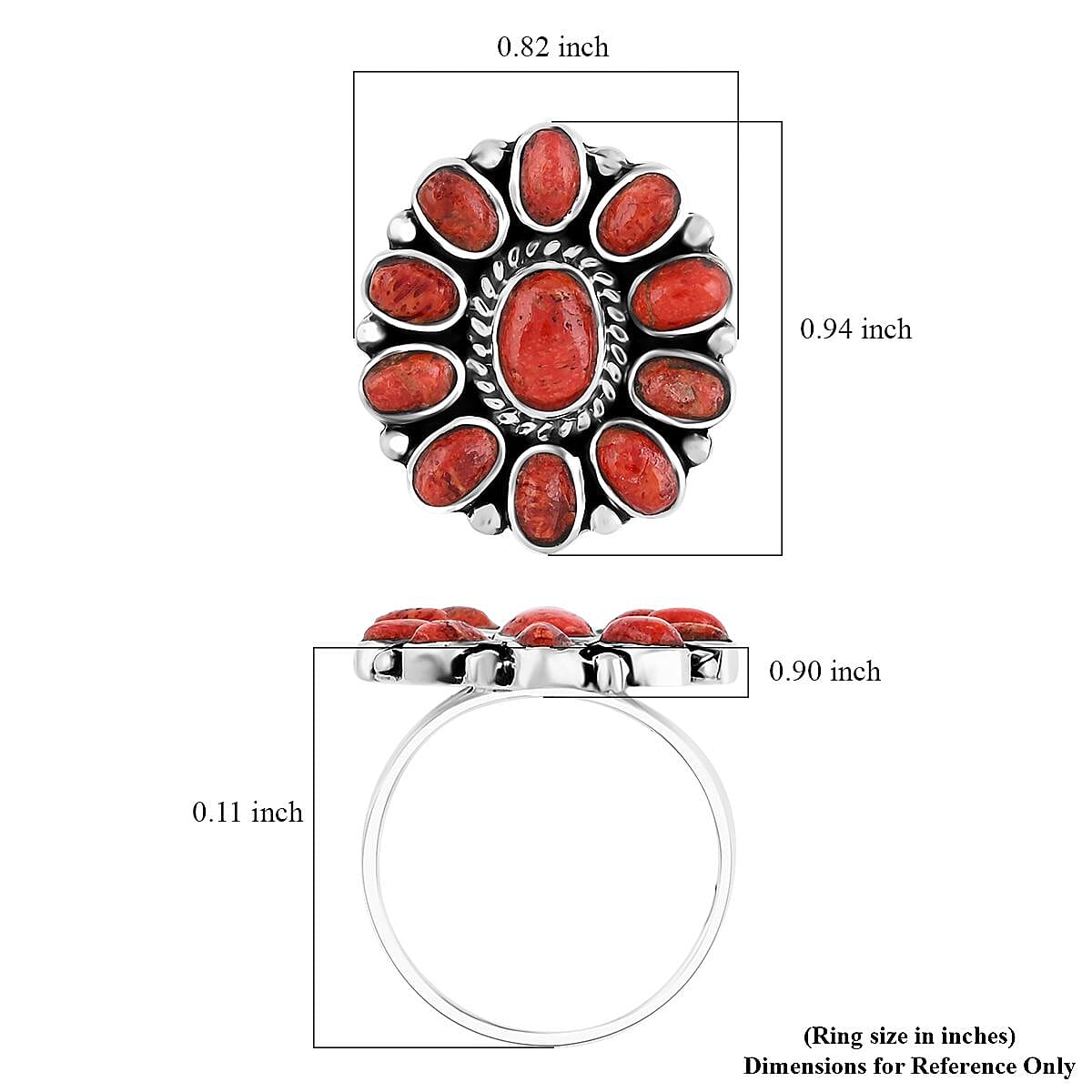 Santa Fe Style Enhanced Red Coral Flower Ring in Sterling Silver (Size 9.0) image number 4