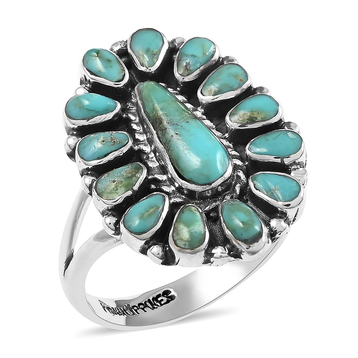 Santa Fe Style Turquoise Elongated Flower Ring in Sterling Silver (Size 6.0) 2.00 ctw