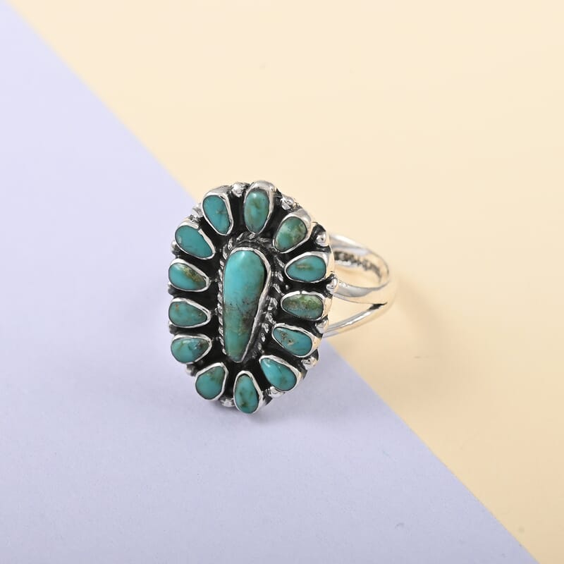 Santa Fe Style Turquoise Elongated Flower Ring in Sterling Silver (Size 6.0) 2.00 ctw