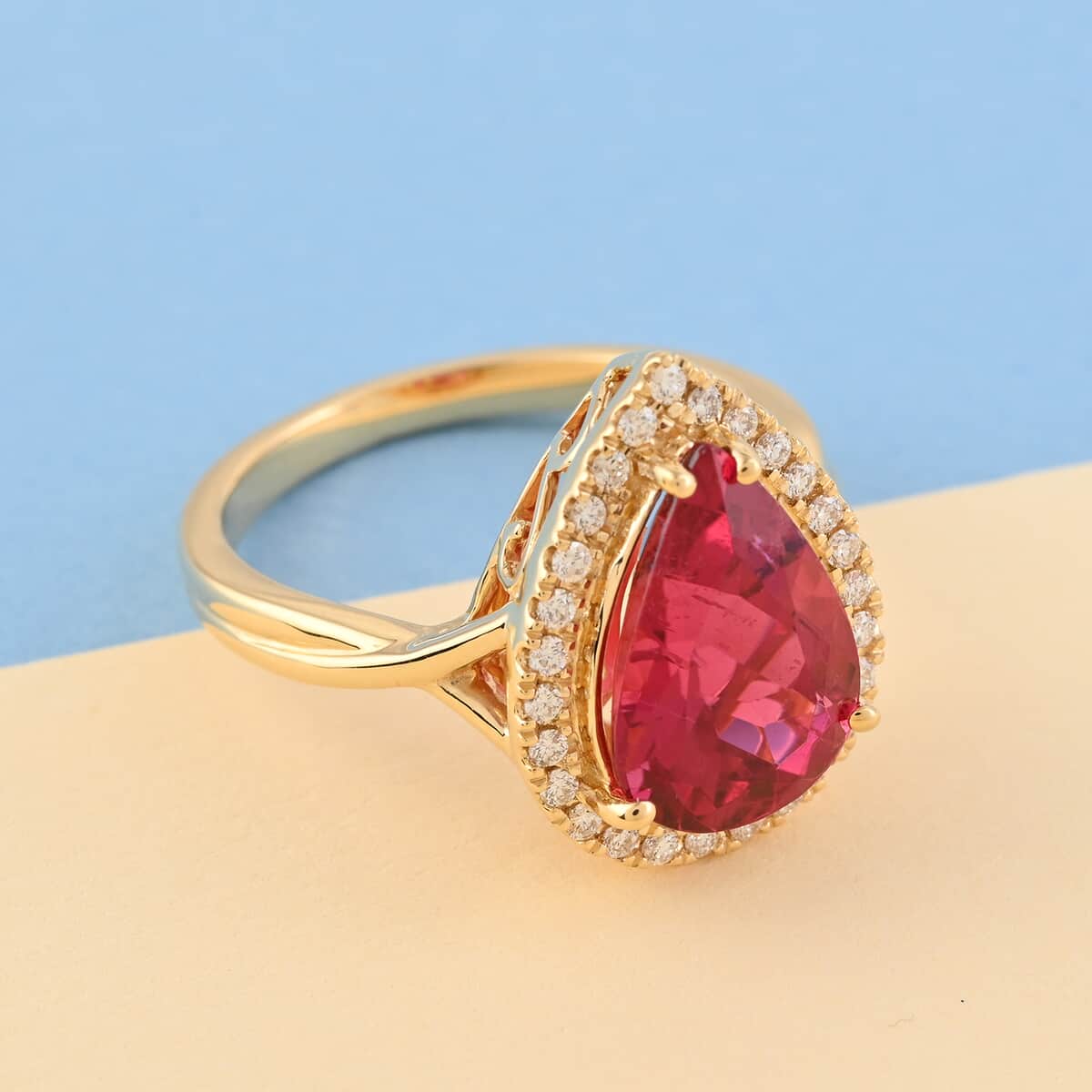 Certified Iliana 18K Yellow Gold AAA Ouro Fino Rubellite and G-H SI Diamond Halo Ring (Size 7.0) 4.75 Grams 3.25 ctw image number 1