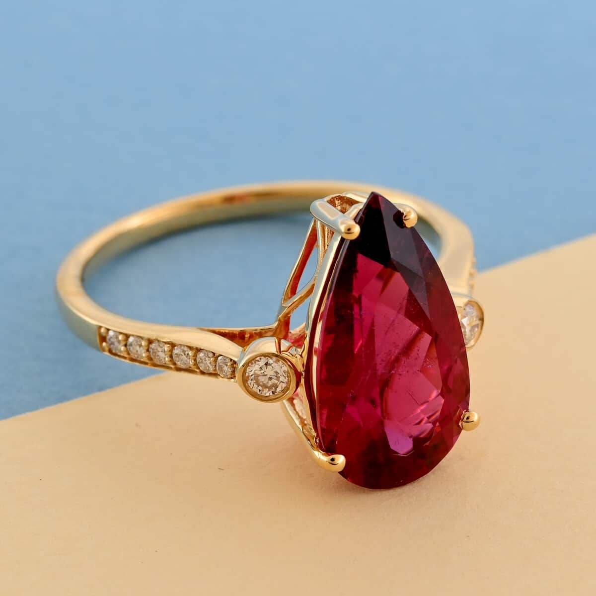 ILIANA 18K Yellow Gold Certified & Appraised AAA Ouro Fino Rubellite and Diamond G-H SI Ring 3.20 Grams 3.90 ctw image number 1
