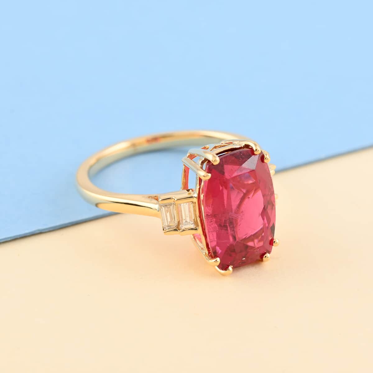 Certified and Appraised ILIANA 18K Yellow Gold AAA Ouro Fino Rubellite and G-H SI Diamond Ring (Size 7.0) 3.50 Grams 4.00 ctw image number 1