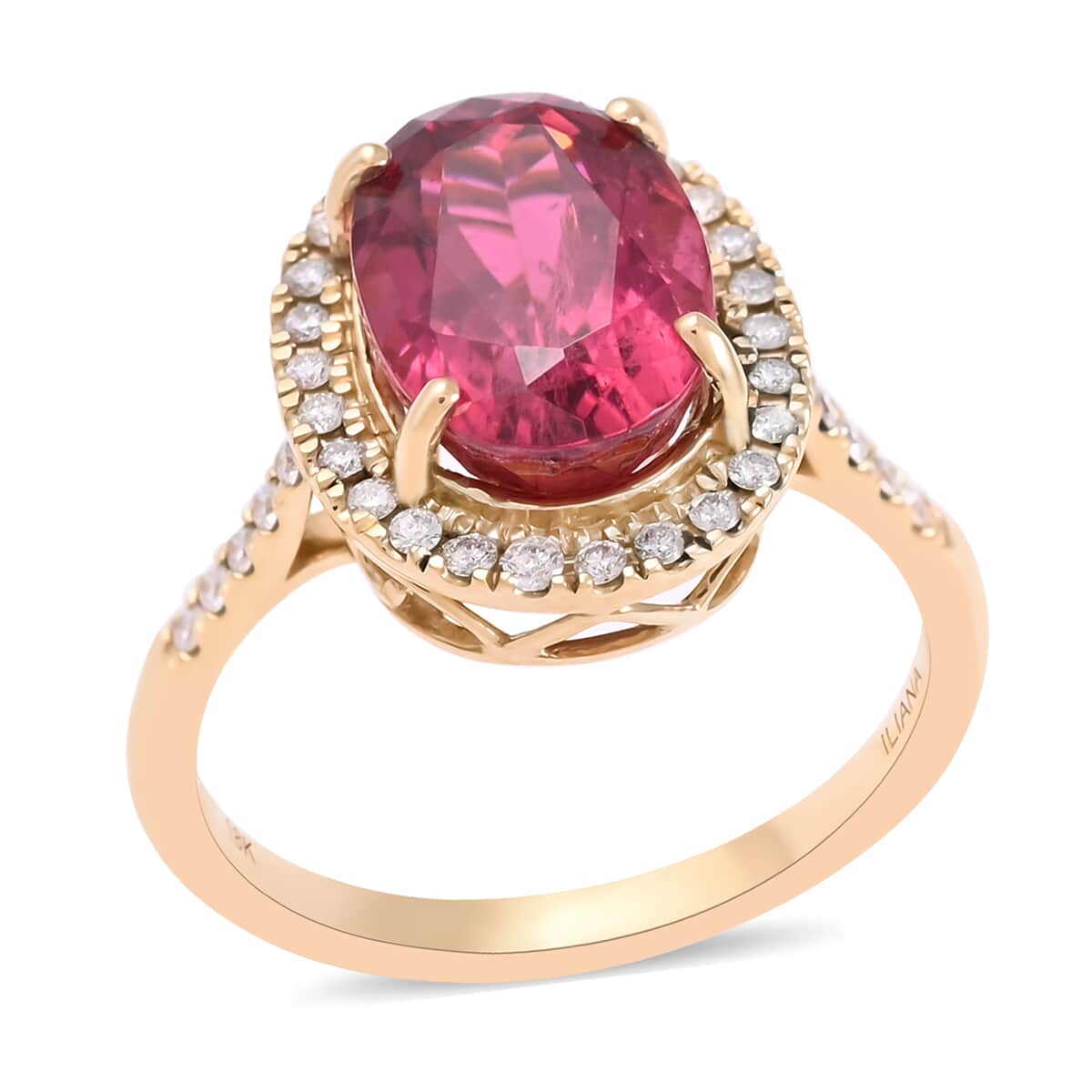 Certified and Appraised ILIANA 18K Yellow Gold AAA Ouro Fino Rubellite and G-H SI Diamond Halo Ring (Size 9.0) 3.90 Grams 4.50 ctw image number 0