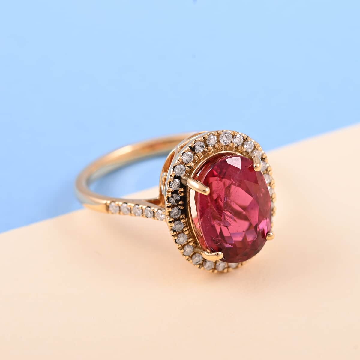 Certified and Appraised ILIANA 18K Yellow Gold AAA Ouro Fino Rubellite and G-H SI Diamond Halo Ring (Size 9.0) 3.90 Grams 4.50 ctw image number 1