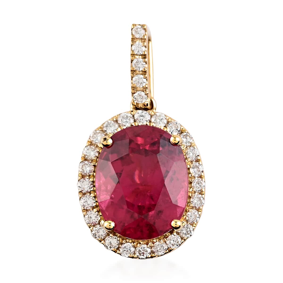 Certified Iliana 18K Yellow Gold AAA Ouro Fino Rubellite and G-H SI Diamond Halo Pendant 4.10 ctw image number 0