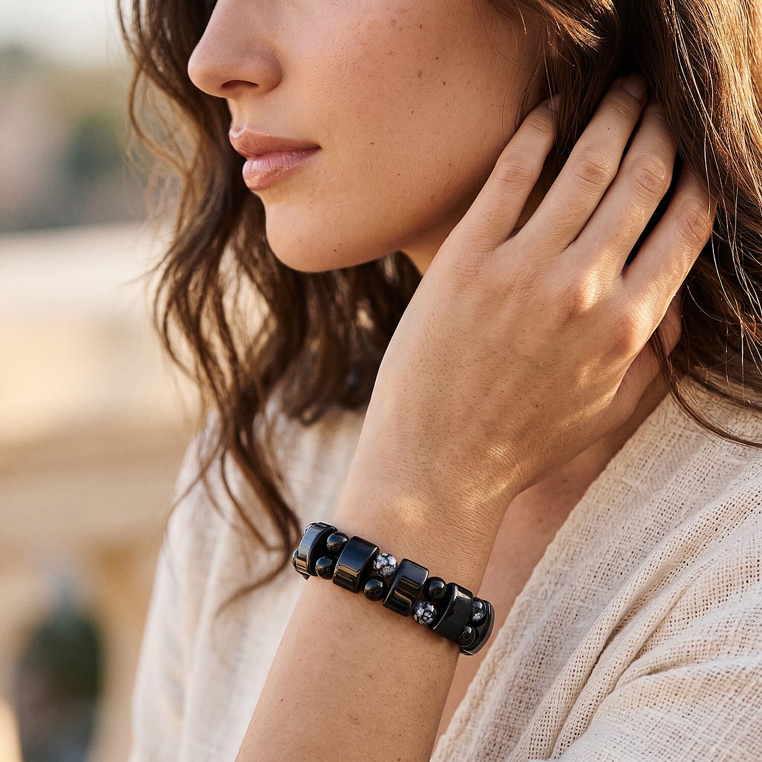 Tanker Black Jasper 117.00 ctw Stretch Bracelet (6-7In)