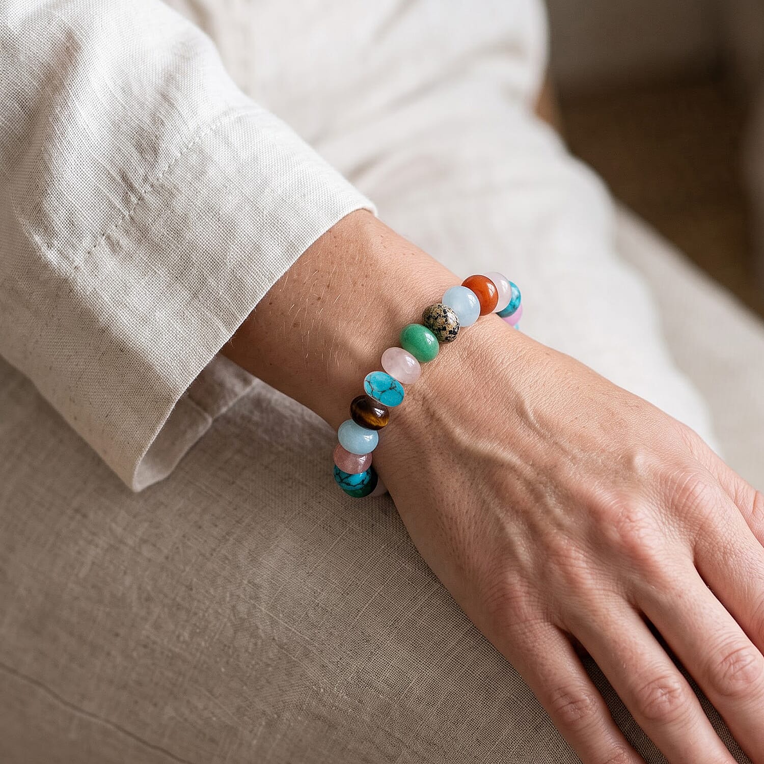 Multi Gemstone 141.00 ctw Rondel Stretch Bracelet (6-8In)
