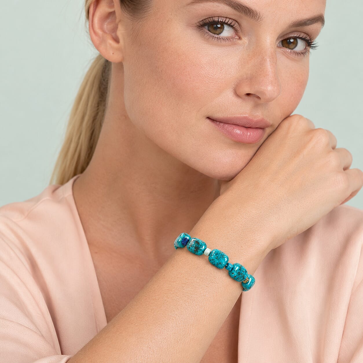 Mix Shape Kiwi Turquoise and Multi Gemstone 166.00 ctw Stretch Bracelet (6-8In)