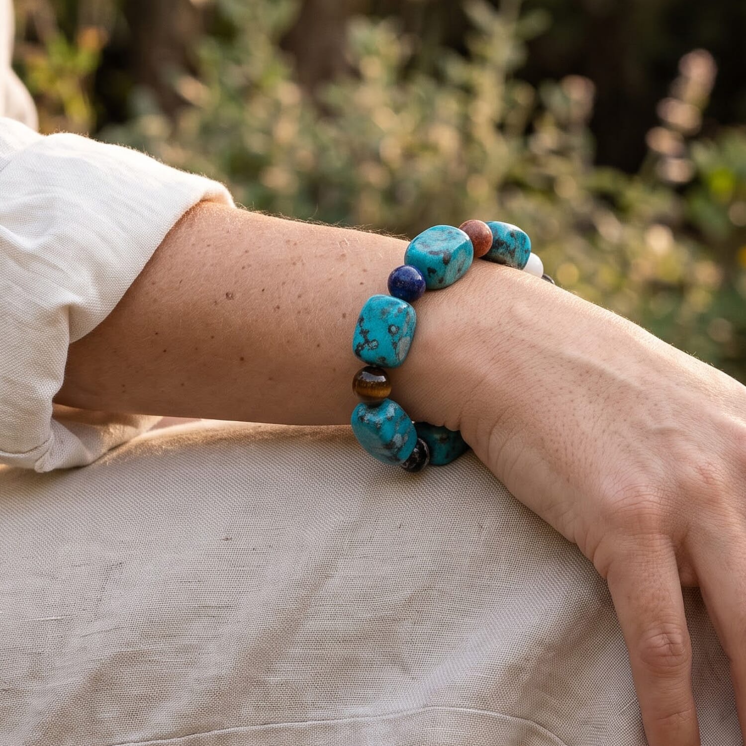 Mix Shape Kiwi Turquoise and Multi Gemstone 152.00 ctw Stretch Bracelet (6-8In)