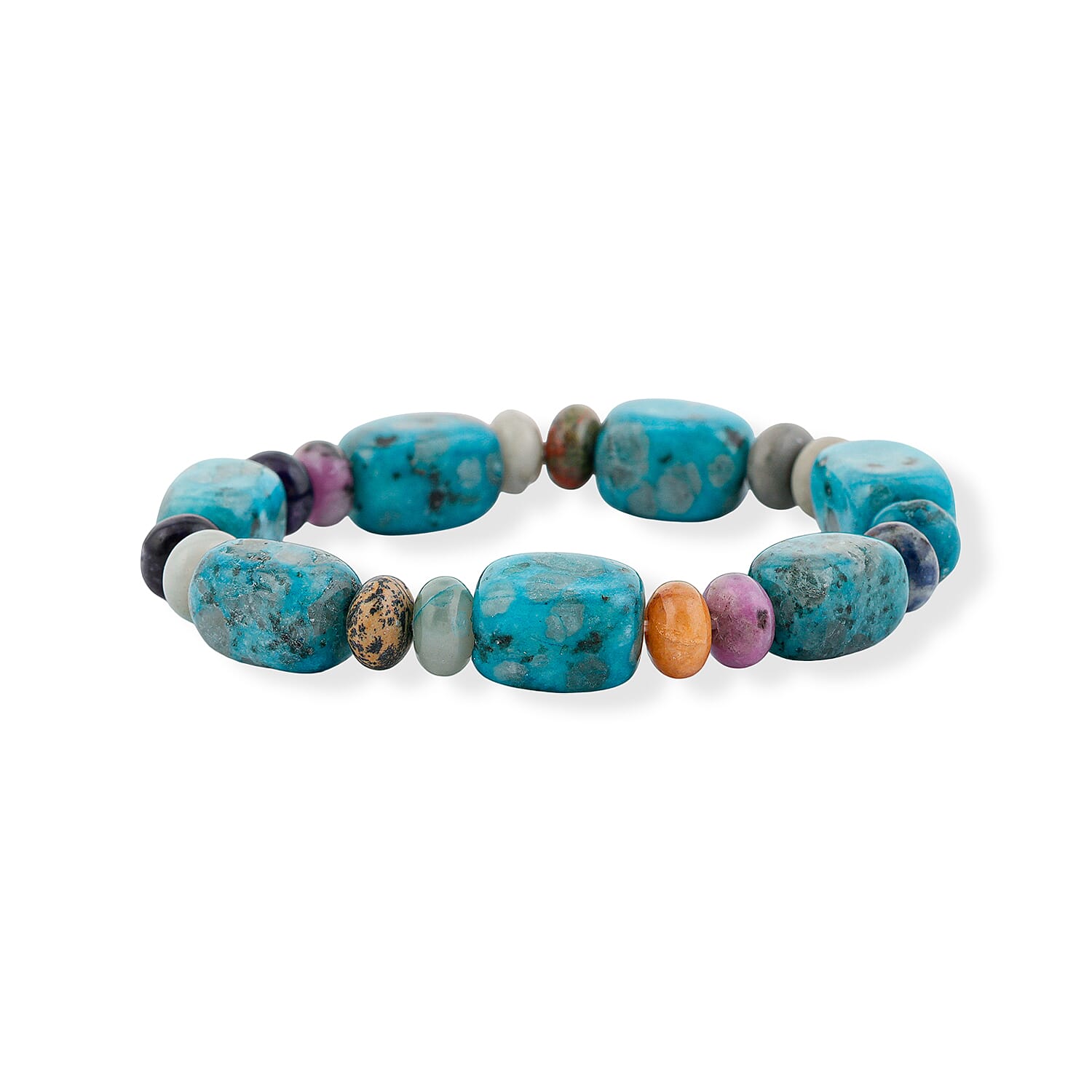 Mix Shape Kiwi Turquoise and Multi Gemstone 146.00 ctw Stretch Bracelet (6-8In)
