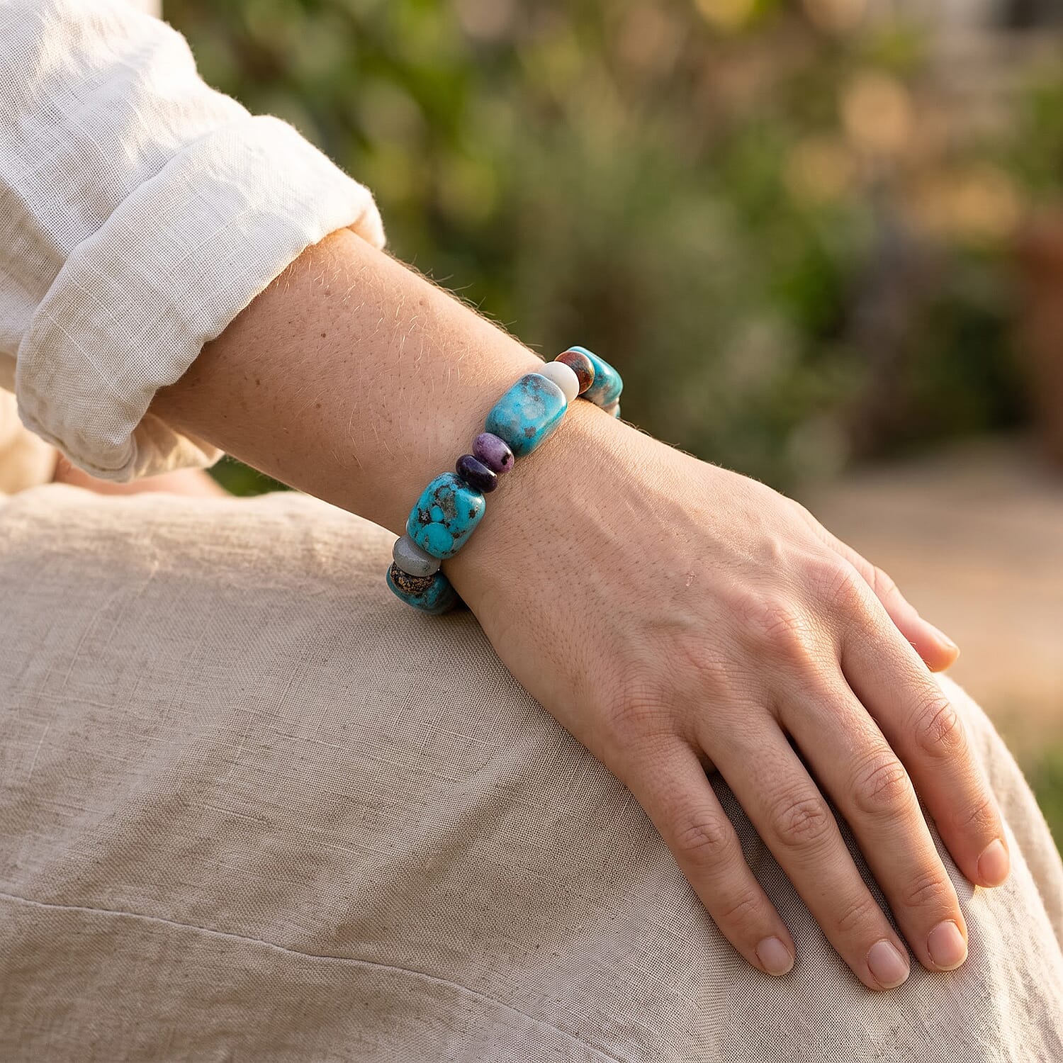 Mix Shape Kiwi Turquoise and Multi Gemstone 146.00 ctw Stretch Bracelet (6-8In)
