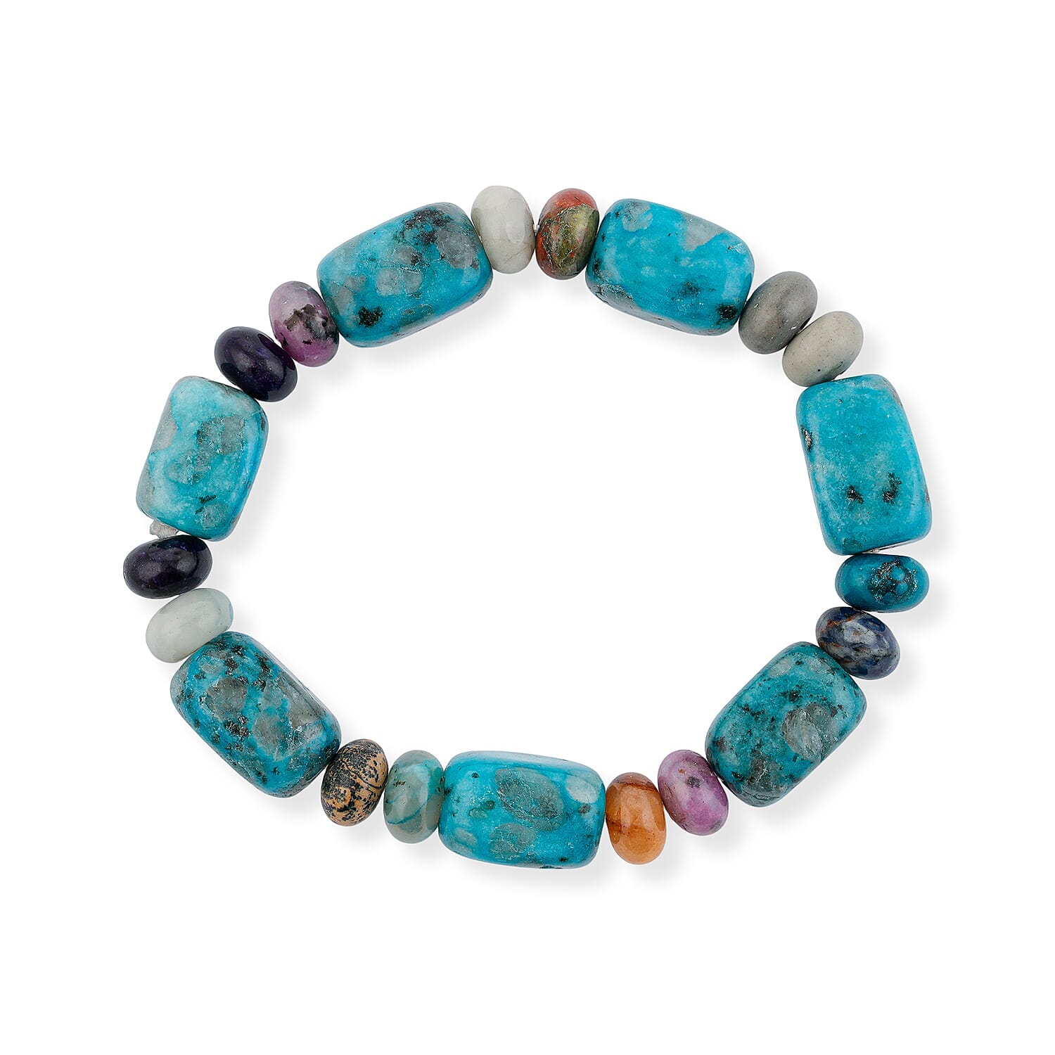 Mix Shape Kiwi Turquoise and Multi Gemstone 146.00 ctw Stretch Bracelet (6-8In)