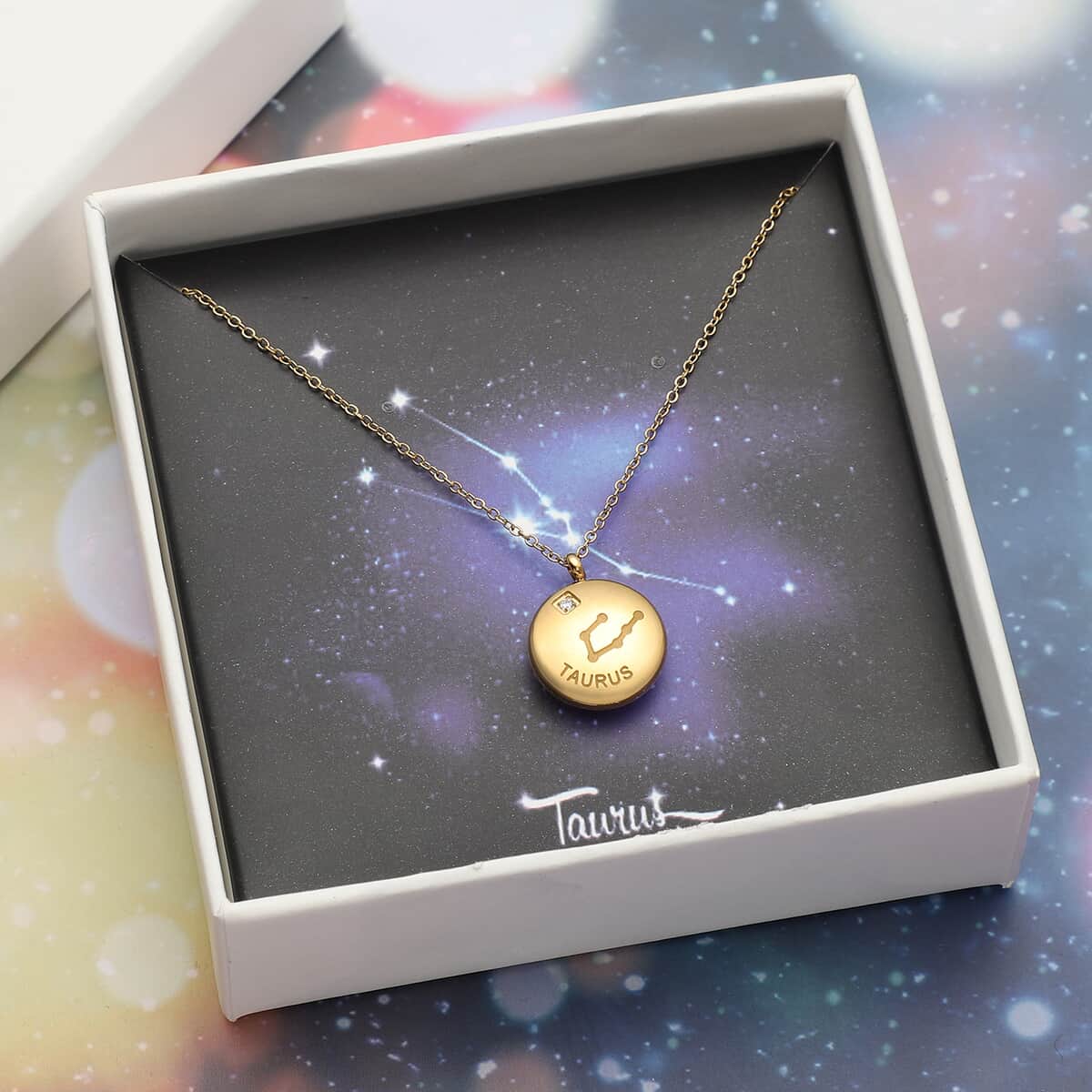 Taurus Zodiac Jewelry Gift Box with Austrian Crystal Constellation Necklace 20 Inches in ION Plated YG Stainless Steel image number 0