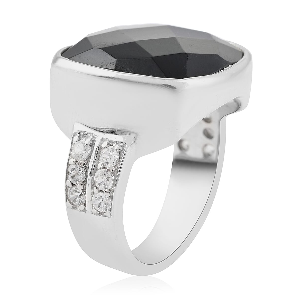 Black Onyx, Natural White Zircon Ring in Sterling Silver (Size 9.0) (7 g) 11.70 ctw image number 3