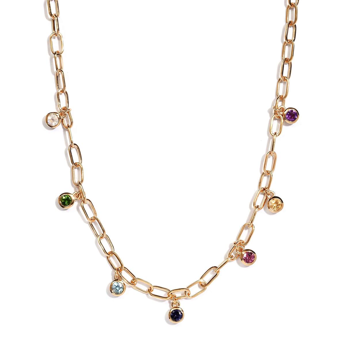Multi Gemstone Paper Clip Chain Station Necklace 18 Inches in Vermeil Yellow Gold Over Sterling Silver 1.90 ctw image number 0