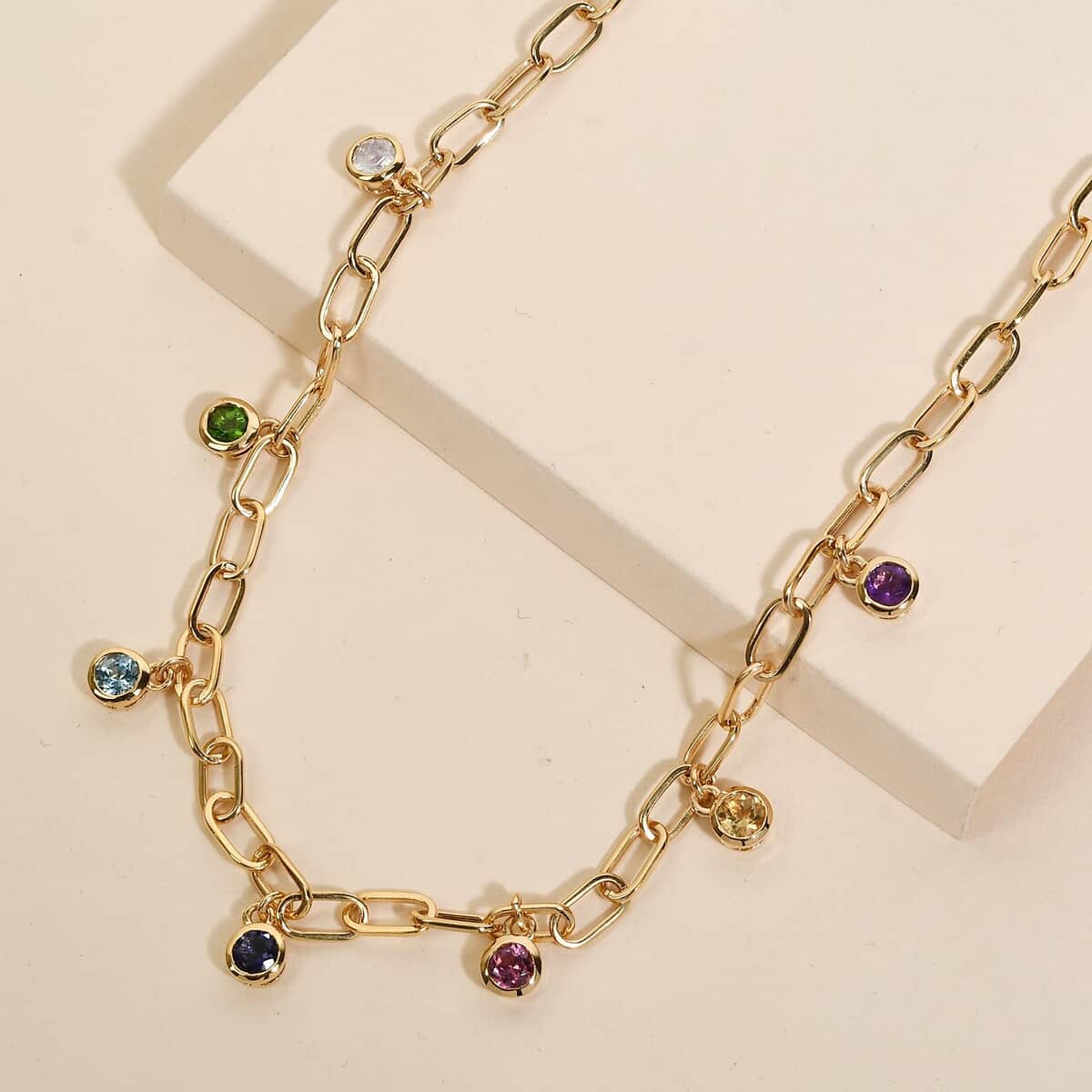 Multi Gemstone Paper Clip Chain Station Necklace 18 Inches in Vermeil Yellow Gold Over Sterling Silver 1.90 ctw image number 1
