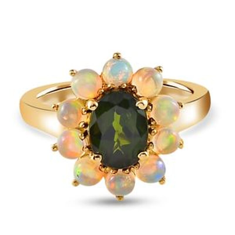 Chrome Diopside and Ethiopian Welo Opal 2.07 ctw Cluster Ring in 14K Yellow Gold Over Sterling Silver (Size 11.5)