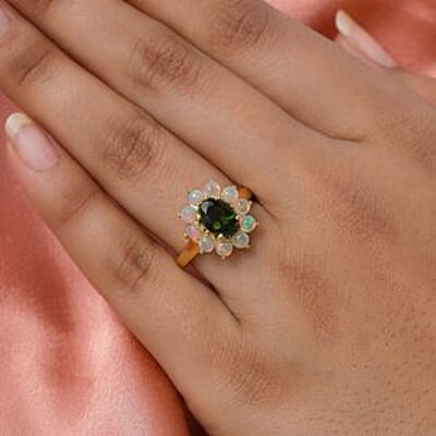 Chrome Diopside and Ethiopian Welo Opal 2.07 ctw Cluster Ring in 14K Yellow Gold Over Sterling Silver (Size 11.5)