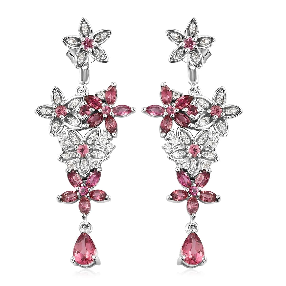GP Italian Garden Collection Morro Redondo Pink Tourmaline and Natural White Zircon Floral Earrings in Platinum Over Sterling Silver 3.60 ctw image number 0