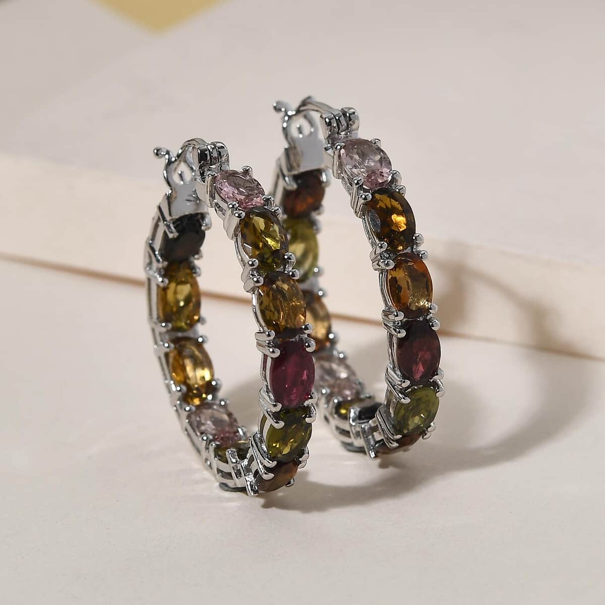 Multi-Tourmaline Inside Out Hoop Earrings in Platinum Over Sterling Silver 9.15 ctw image number 1