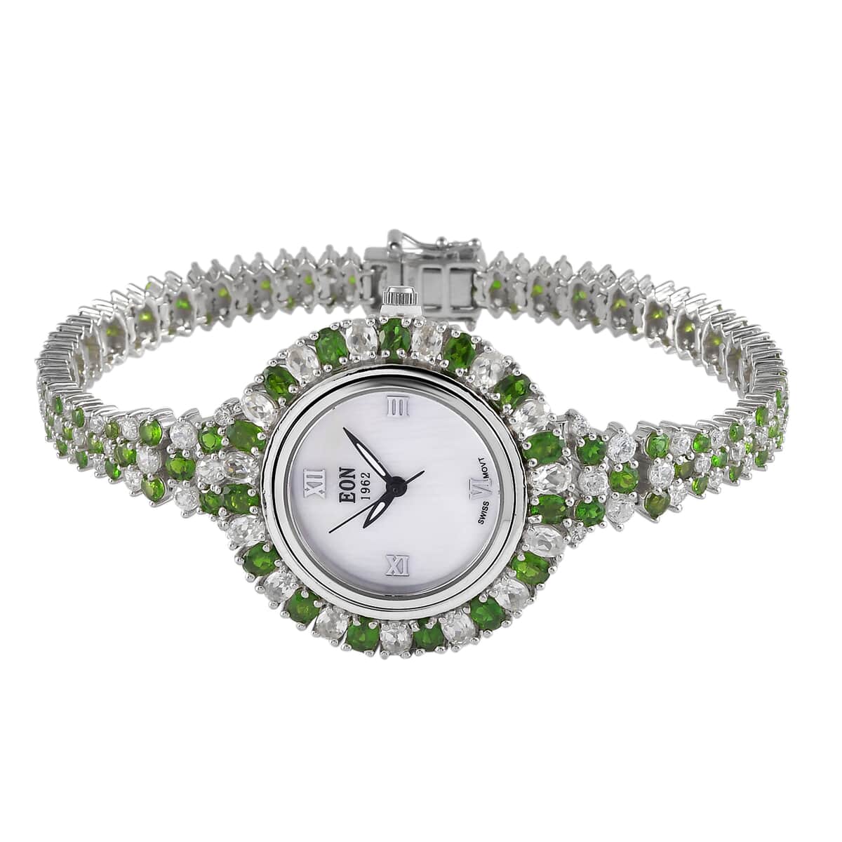 EON 1962 Swiss Movement Natural Russian Diopside, Natural White Zircon Bracelet Watch in Platinum Over Sterling Silver (7.25 in) (15.80 g) 17.85 ctw image number 0