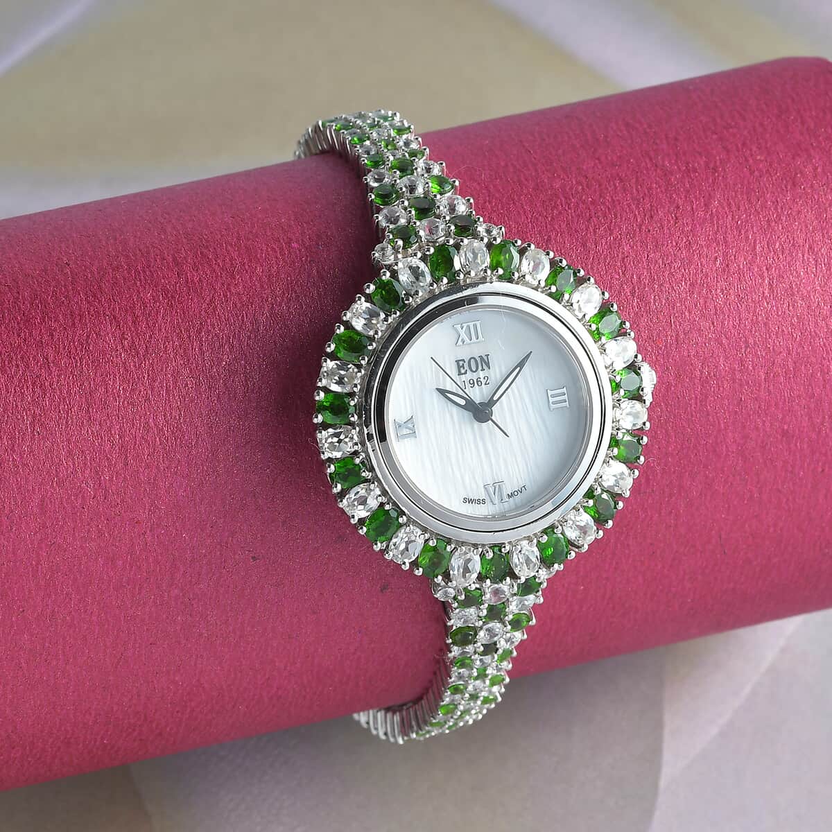 EON 1962 Swiss Movement Natural Russian Diopside, Natural White Zircon Bracelet Watch in Platinum Over Sterling Silver (7.25 in) (15.80 g) 17.85 ctw image number 1