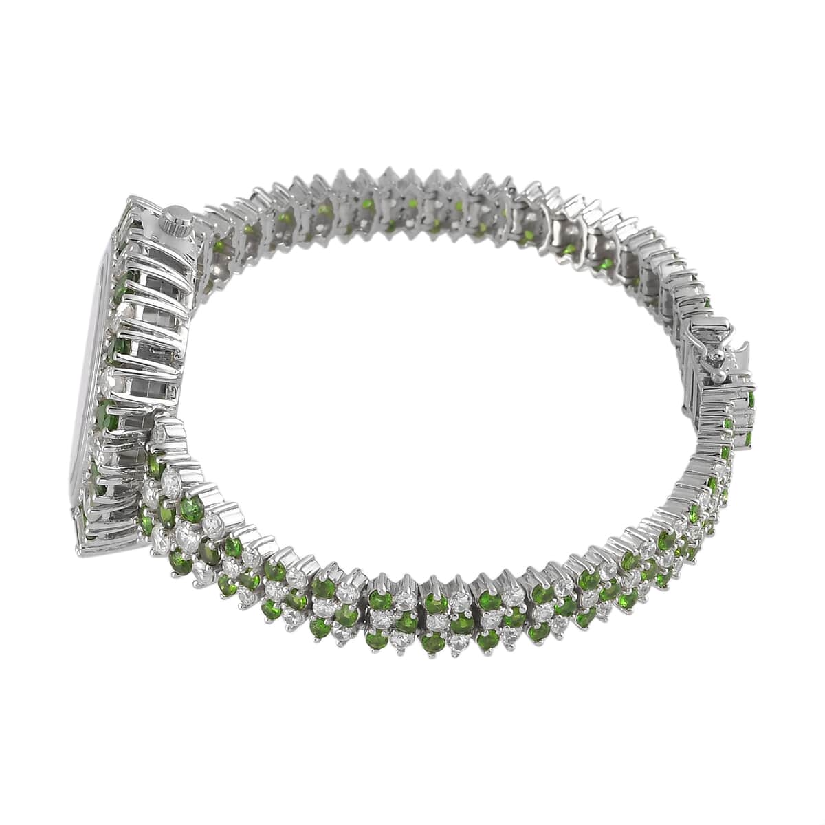 EON 1962 Swiss Movement Natural Russian Diopside, Natural White Zircon Bracelet Watch in Platinum Over Sterling Silver (7.25 in) (15.80 g) 17.85 ctw image number 2