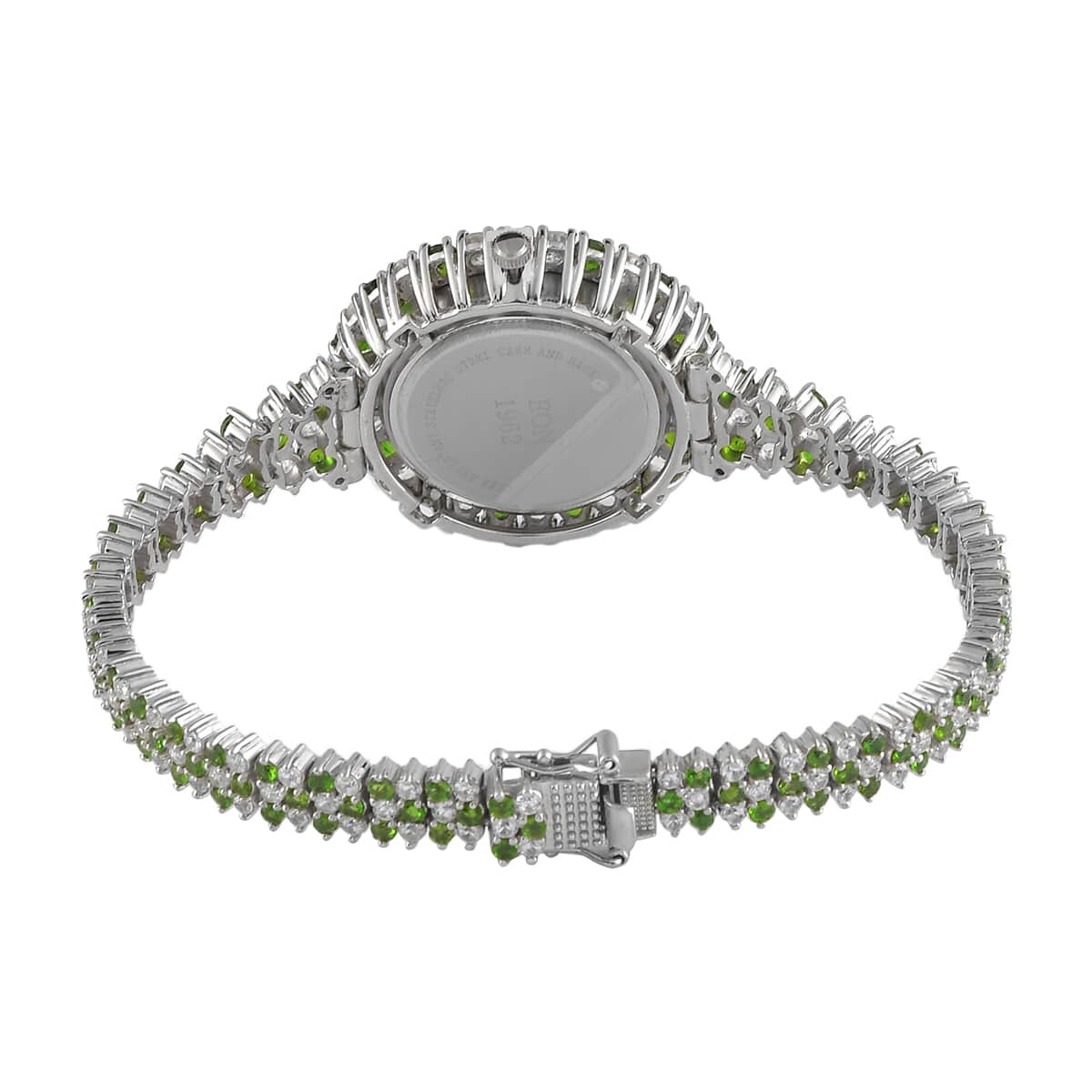 EON 1962 Swiss Movement Natural Russian Diopside, Natural White Zircon Bracelet Watch in Platinum Over Sterling Silver (7.25 in) (15.80 g) 17.85 ctw image number 3