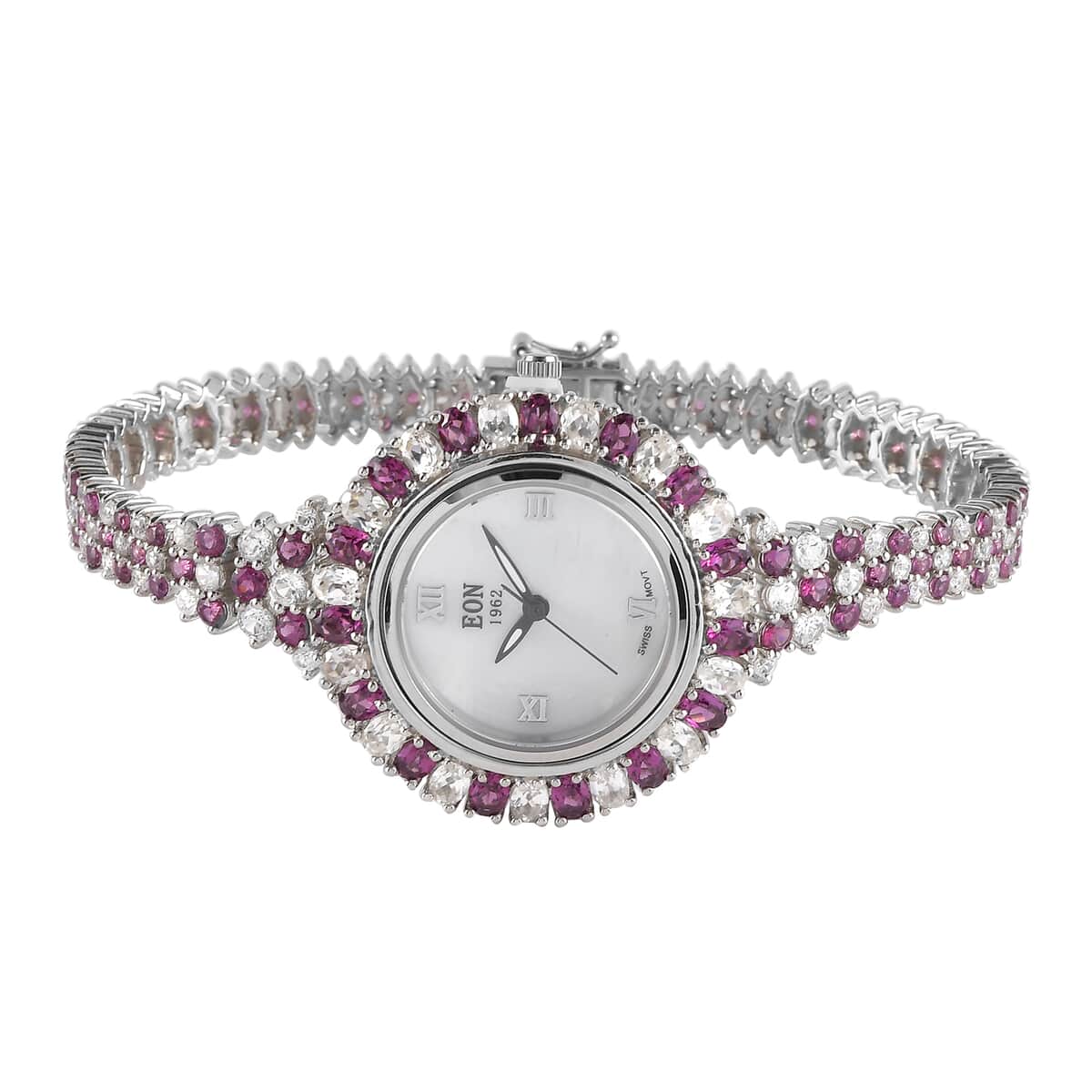EON 1962 Swiss Movement Orissa Rhodolite Garnet and Natural White Zircon MOP Dial Watch in Platinum Over Sterling Silver (8.00 in) 41.70g 19.70 ctw image number 0