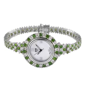 Eon 1962 Swiss Movement Chrome Diopside and Zircon Bracelet MOP Dial Watch in Platinum Over Sterling Silver (8.00 in) 18.70 ctw