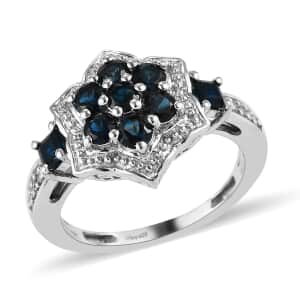 Premium Monte Belo Indicolite and Natural White Zircon Floral Ring in Platinum Over Sterling Silver (Size 8.0) 0.85 ctw