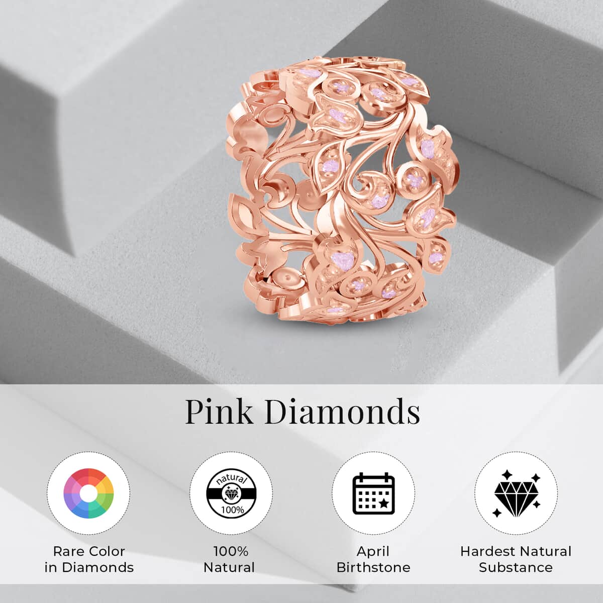 Pink Diamond Floral Band Ring , Floral Ring , Natural Pink Diamond Ring , Vermeil RG Over Sterling Silver Ring, Wedding Bands For Women , Wedding Ring 0.25 ctw (Size 5.0) image number 3