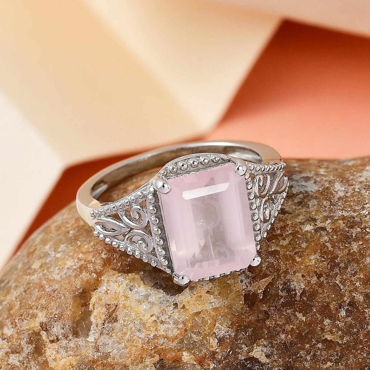 Galilea Rose Quartz Solitaire Ring in Platinum Over Sterling Silver (Size 6.0) 3.40 ctw image number 3