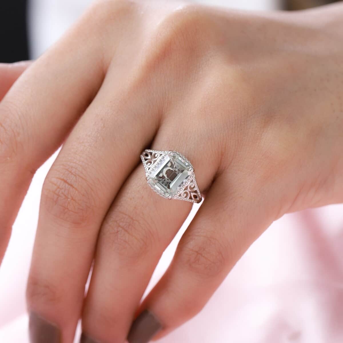 Montezuma Prasiolite Solitaire Ring in Platinum Over Sterling Silver (Size 6.0) 3.25 ctw image number 1
