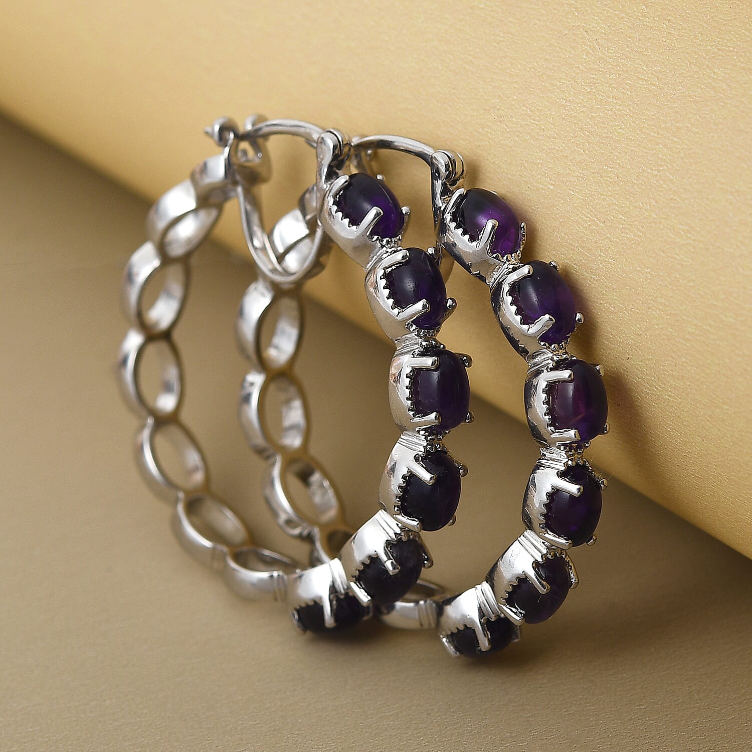 Karis Amethyst Hoop Earrings in Platinum Bond and Stainless Steel 6.10 ctw