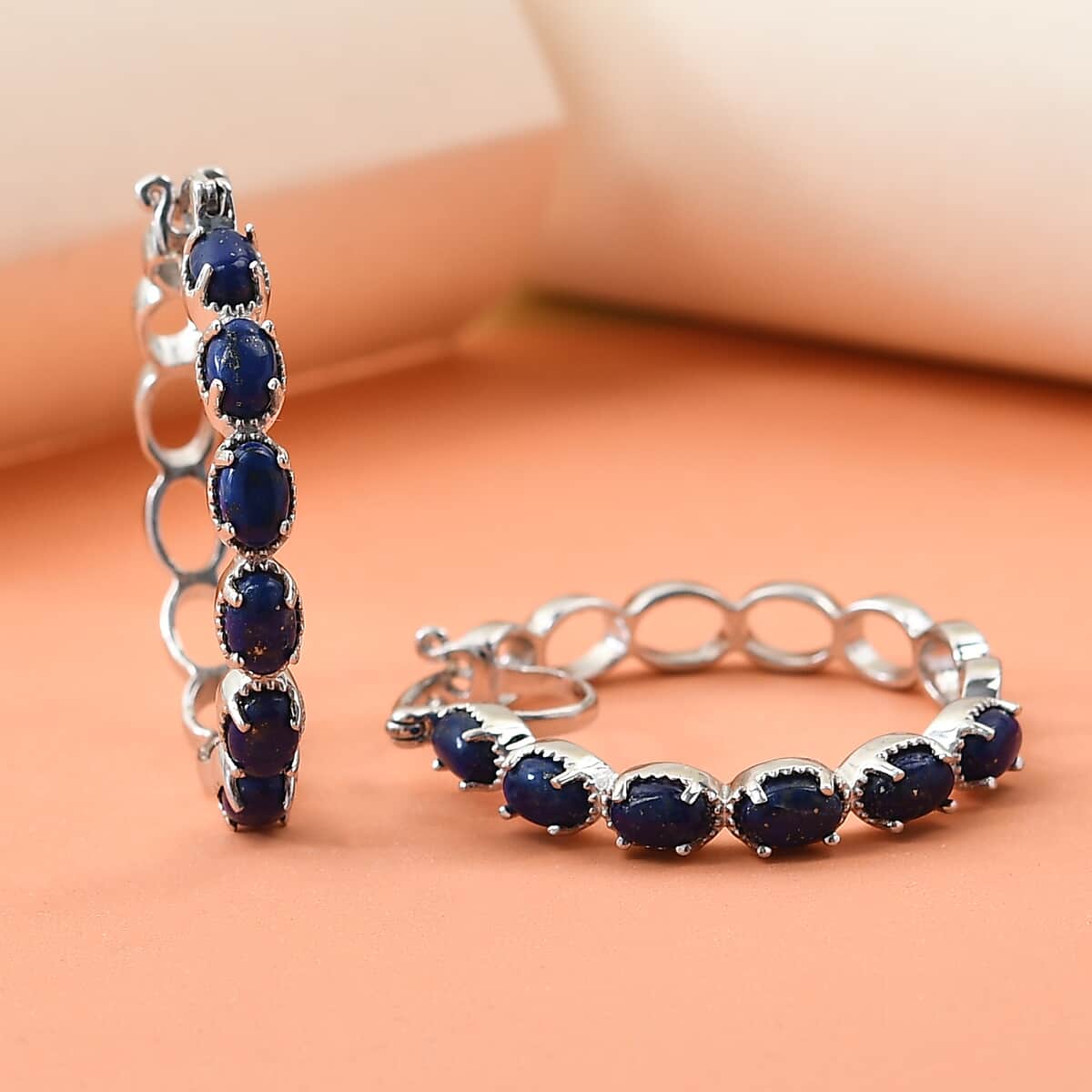Karis Lapis Lazuli Hoop Earrings in Platinum Bond and Stainless Steel 6.85 ctw image number 4