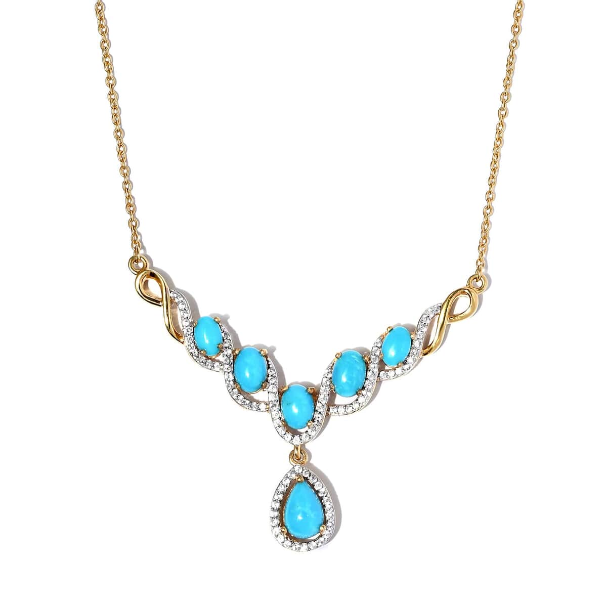 Sleeping Beauty Turquoise and Natural White Zircon Necklace 18 Inches in 14K Yellow Gold Over Sterling Silver 5.15 ctw image number 0