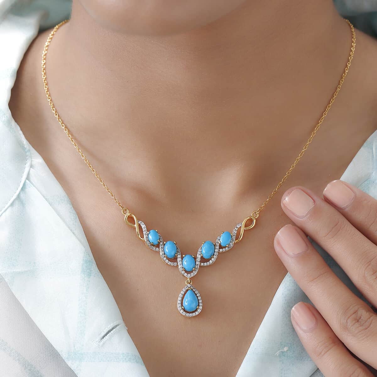 Sleeping Beauty Turquoise and Natural White Zircon Necklace 18 Inches in 14K Yellow Gold Over Sterling Silver 5.15 ctw image number 2