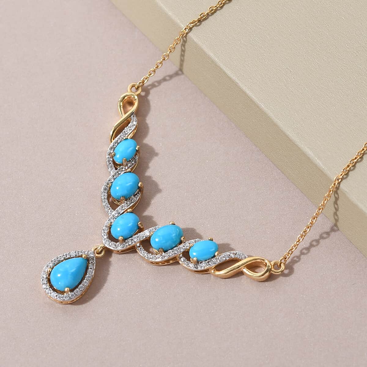 Sleeping Beauty Turquoise and Natural White Zircon Necklace 18 Inches in 14K Yellow Gold Over Sterling Silver 5.15 ctw image number 3