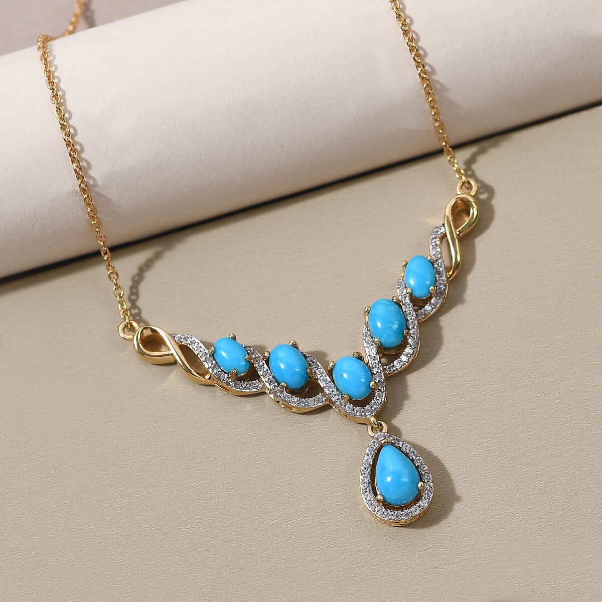 Sleeping Beauty Turquoise and Natural White Zircon Necklace 18 Inches in 14K Yellow Gold Over Sterling Silver 5.15 ctw image number 4